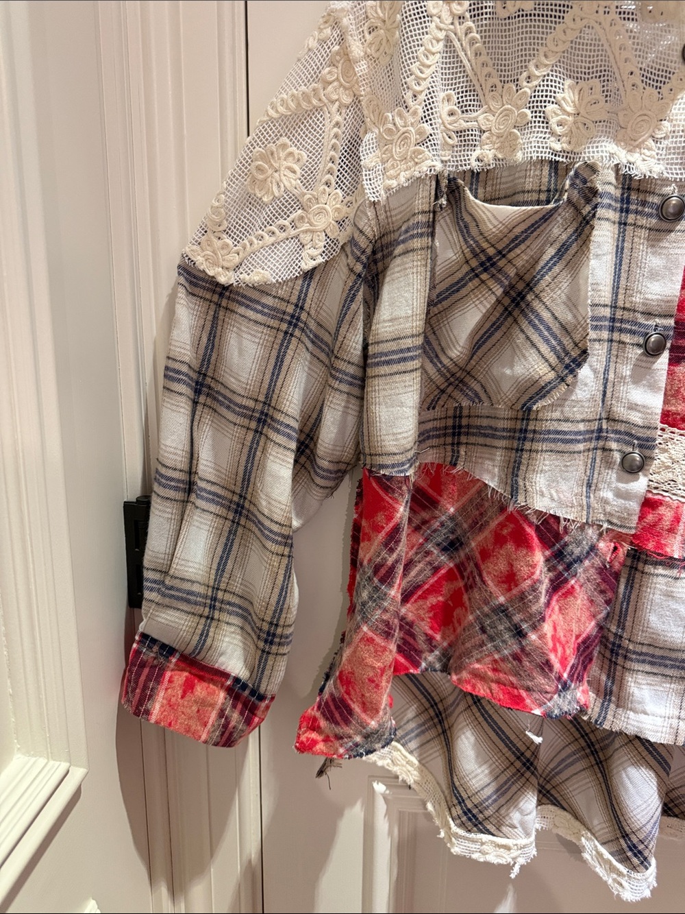 POL Vintage Inspired Mixed Patchwork w/ Lace Plaid Shacket - Red & Cream-NWOT-M - Picture 7 of 12